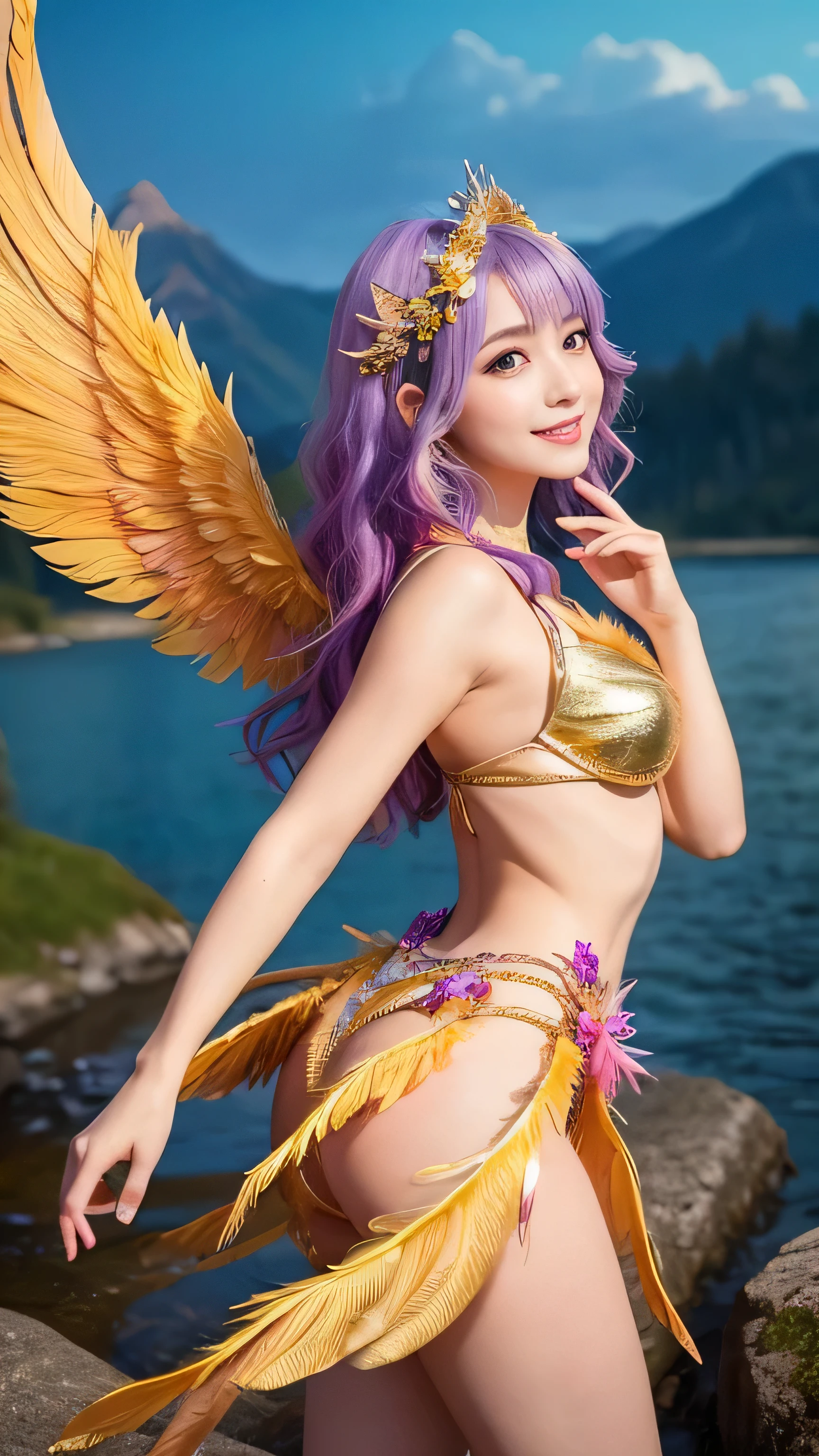 Create an ultra-cute and enchanting depiction of a Phoenix Woman transformed into an irresistibly adorable moe character in a fantastical setting. **Overall Appearance:** She stands with a  and curvy figure, exuding a blend of youthful charm and grace. **Wings:** Her large wings are adorned with feathers that blaze in vibrant hues of red, orange, and gold, with occasional shimmering hints of purple and blue. The feathers glow softly, adding to her cute and enchanting presence. **Head:** Her eyes are large and sparkling, with a captivating golden hue. Her hair flows like molten gold, cascading down her back in soft, wavy locks, adorned with small, glowing star-shaped accessories. **Body:** Her skin is smooth and radiant, with a warm, golden undertone that glows softly. She wears a cute, frilly outfit in vibrant colors that match her fiery feathers. **Tail:** Her long, elegant tail is made of fiery feathers that flicker and dance with every movement, leaving a trail of sparkles. **Legs:** Her legs are slender and graceful, accentuated by the playful design of her outfit. **Setting:** The background features a fantastical landscape with sparkling lakes, vibrant flowers, and magical creatures. The atmosphere is mystical and enchanting, enhancing her cute and otherworldly presence. **Pose:** She is depicted gracefully standing on a rock near a shimmering lake, her wings slightly spread, and a joyful smile on her face, capturing the essence of her playful and charming nature. The focus should be on her front, emphasizing her adorable and captivating presence.