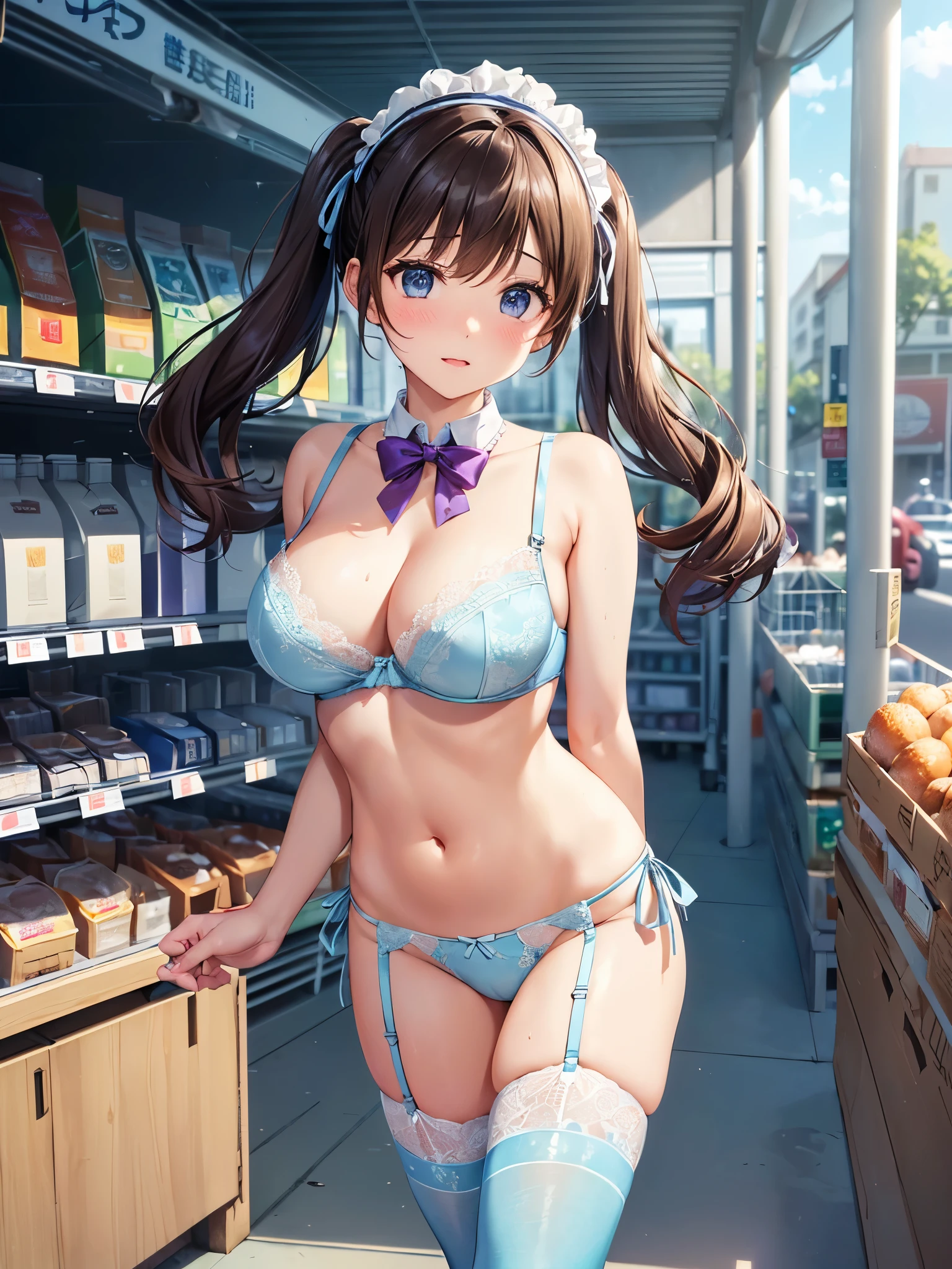 (((masterpiece, Highest quality, High resolution, 超High resolution, Perfect Pixel, Depth of written boundary, 4K, RTTX 10.0))), Beautiful Anime Woman, Beautiful art style, Anime characters, ((Smooth texture, Realistic texture, Anime CG Style)), Perfect and accurate finger count、Exact number of legs、(Exact number of arms:1.0, Exact number of hands:1.0), (Perfect hands, Perfect Anatomy), Cinematic, Realistic, Extremely detailed CG, Daytime lighting, Perfect lighting, Best Shadow, The best natural light, whole body, Perfect body, バランのとれたPerfect body, Perfectly balanced style, Soft body, ((bangs, Dark brown hair, Twin tails, High Up)), ((A cute adult woman is walking towards me:1.8)), ((Bow tie around neck:1.3), (Sexy and cute light blue underwear:1.3), (Stylish shiny light blue satin panties, Side-tie light blue panties, The panties are plain light blue in the center with lace decoration on the sides., Light purple panties:1.4), (Light blue micro lace satin bra, Purple and light blue bra with large lace trim on the edges, Light blue open cup bra, Thin bra:1.4), (lace garter belt, Garter Strings, Knee socks:1.3):1.3), (Beautiful big boobs:1.1), (Embarrassed expression:1.7), blush, (supermarket, Merchandise Shed, aisle, Many visitors in the background, Inside the crowded store:1.7), naked, In underwear, ブラとパンティとガーターベルトとKnee socksのみ, (Frilly maid headband:1.1), Angle from the front