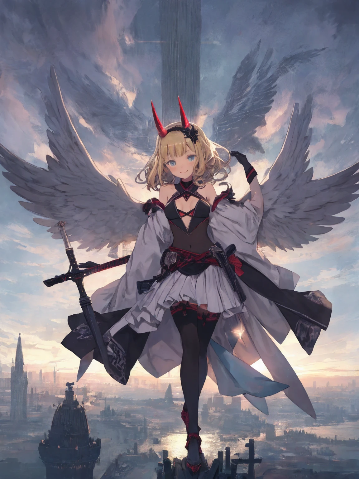 fantasy, 1devil_girl, low_teen, platina_blond_hair,long_bangs,, bare_shoulder, navel out, thighhighs,silver_armor, white_clothes,waist_armor, Glebe, hold_swords, medium_breasts, dynamic_flying_pose,Floating, (1pair_wings:1.2),(pelvic_curtain:1.3), silver_Headgear ,looking_down_at_sunrise_city_sky_background,,slightly_spread_legs, some_swords,some_swords_floating_around_the_girl,solo,horn ,smile,,open_legs,open_arms,rise_knee,rise_leg,rise_thigh,rise_leg,forward_leaning_posture,apart_legs,