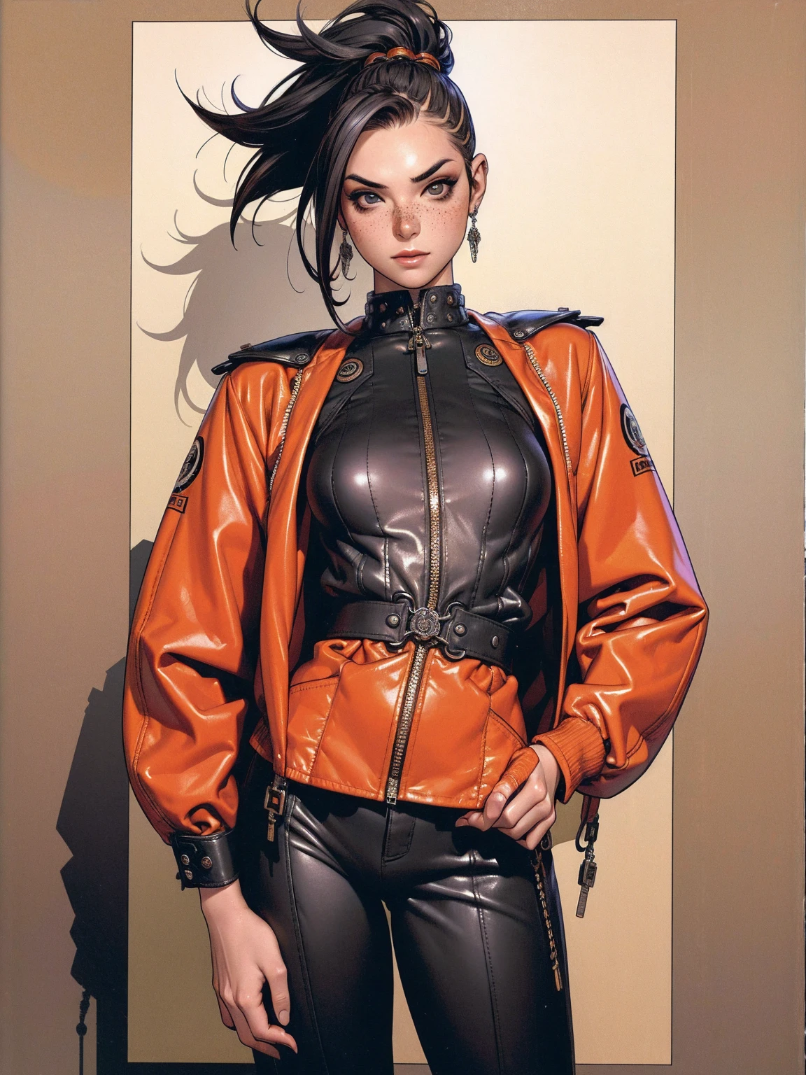 (((best qualityer))), (((manga strokes))), (((freckles))), (((colorful irregular punk hair))), (((Mohawk hair))), jacket with rivets and screws, uma Kizi jovem muito bem vestida com roupas modernas de inverno, (((pants with red and black zig-zag pattern))), top with vertical stripes, short jacket with dark fur collar, beautiful and expressive face, slightly-smile, big eyes with long black eyelashes, heavy make-up, chains and zippers spread across clothes, contrasting colours, pose de atitude, hair with a modern and futuristic cut, urban game poster art, dramatic camera angles, graffiti art elements in the background, design mixing contemporary and retro by Shepard Fairey, (((cowboy shot))), (((best qualityer: 1.4))), (Unbeatable masterpiece), (hiper HD),(CG 8k hyper-realistic), Kizi, (((standing alone))), pirralha violent, (((14歳))), sexly, pose de atitude, work of art, post-apocalypse, (((manga style))), bounty hunter, violent, Manic, the way you want, slenderbody, thin but strong, perfectbody, roupa moderna, advanced technology, neon, sleeves with vertical striped pattern, neutral background, (( cowboy shot )). intricate visual
