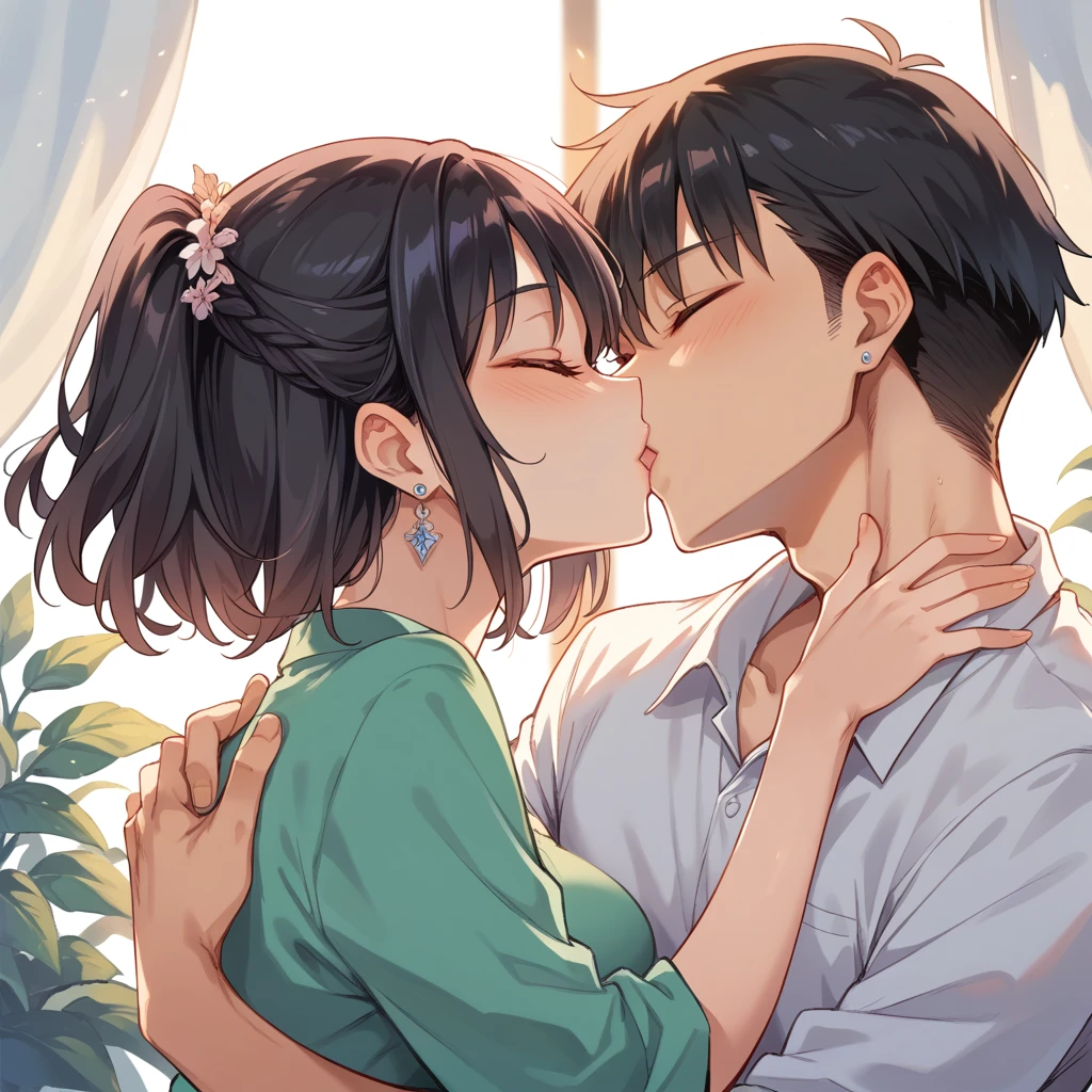 Fraction_9, Fraction_8_Direction_7_up, src_Japanese cartoons, 1个Boys, 1 Girl, Black short hair beautiful female, Black hair strong male, Sister and brother, Boys, Embrace, kiss, Campus Dating, Romantic, debauchery