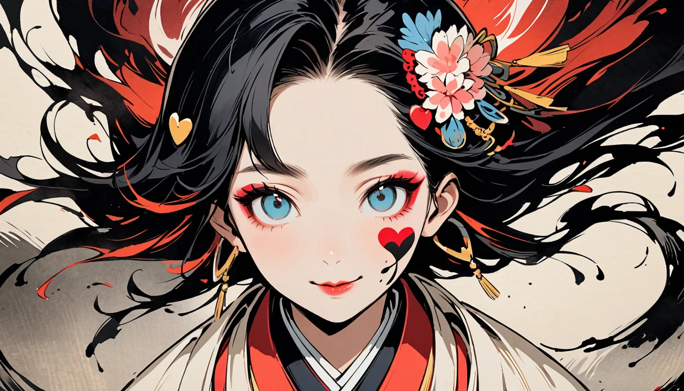 (((Ink Painting))), (((from above))), (((1 female))), (((Heart tattoo on face))), (((Very flashy hair accessories))), (((Very flashy makeup))), Japanese style headphones, Villain, face close-up, front view, Japan人の美少女, Black Hair, Delicate and precise, Modern ukiyo-e style,Japan, Droopy eyes, round face, smile, Fuller lips, vivid color