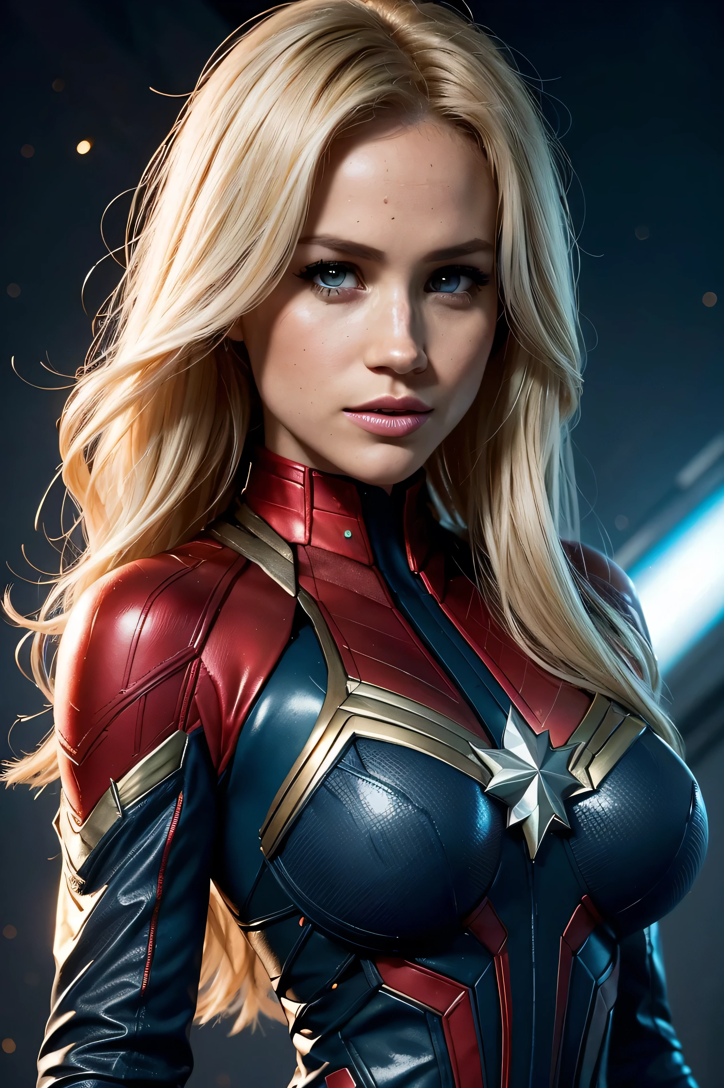 Meghan Markle, wearing Captain Marvel costume sexy clothes, her costume is transparent, (revealing her skin), professionally retouched, soft lighting, realistic, smooth face, perfect eyes, sharp focus on eyes, 8 k, high definition, insanely detailed, intricate, elegant. in a cosmic background, (((visible breasts))), she is removing her. Costume, visible nipples, visible vagina, blonde hair, blue eyes