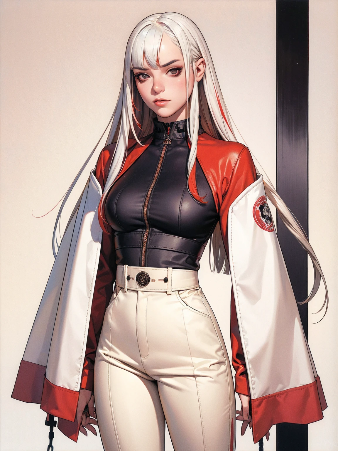 (best qualityer))), (((manga strokes))), (((long white hair with straight bangs and red highlights))), (((wide pants with 2 side stripes))), uma Kizi jovem muito bem vestida com roupas modernas de inverno, top gift vertical stripes, short jacket with dark fur collar, beautiful and expressive face, slightly-smile, big eyes with long black eyelashes, heavy make-up, chains and zippers spread across clothes, contrasting colours, pose de atitude, hair with a modern and futuristic cut, urban game poster art, dramatic camera angles, graffiti art elements in the background, design mixing contemporary and retro by Shepard Fairey, (((cowboy shot))), (((best qualityer: 1.4))), (Unbeatable masterpiece), (hiper HD),(CG 8k hyper-realistic), Kizi, (((standing alone))), pirralha violent, ((())), sexly, pose de atitude, work of art, post-apocalypse, (((manga style))), bounty hunter, violent, Manic, the way you want, slenderbody, thin but strong, perfectbody, roupa moderna, advanced technology, neon, sleeves with vertical striped pattern, neutral background, (( cowboy shot )). intricate visual