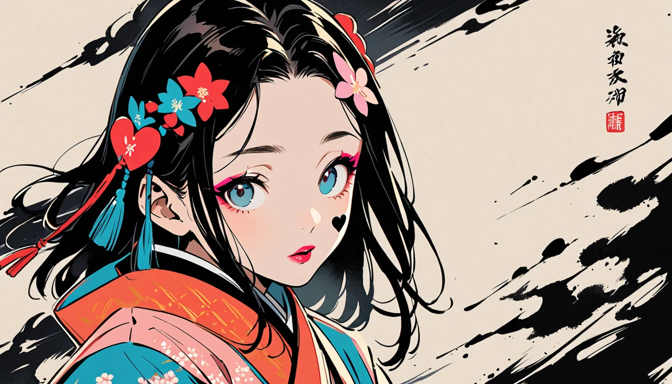 (((Ink Painting))), (((from above))), (((1 female))), (((Heart tattoo on face))), (((Very flashy hair accessories))), (((Very flashy makeup))), Japanese style headphones, Villain, face close-up, front view, Japan人の美少女, Black Hair, Delicate and precise, Modern ukiyo-e style,Japan, Droopy eyes, round face, Glare, Fuller lips, vivid color