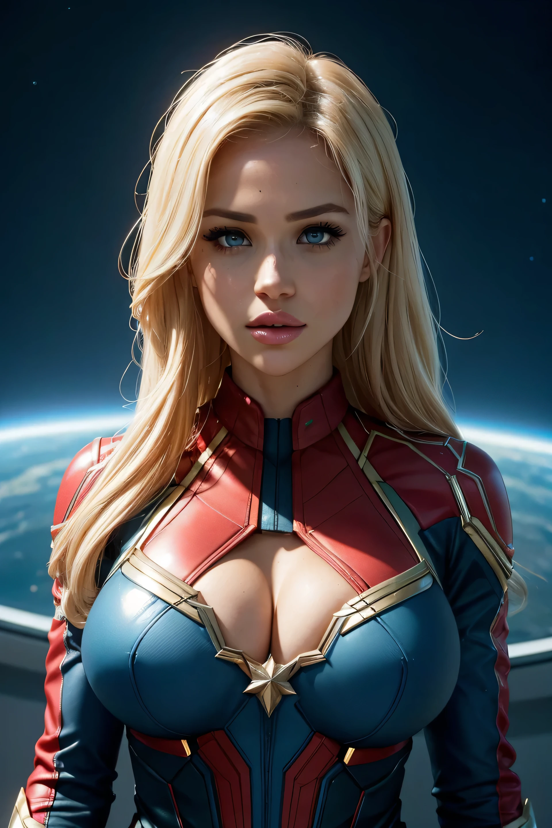 Meghan Markle, wearing Captain Marvel costume sexy clothes, her costume is transparent, (revealing her skin), professionally retouched, soft lighting, realistic, smooth face, perfect eyes, sharp focus on eyes, 8 k, high definition, insanely detailed, intricate, elegant. in a cosmic background, (((visible breasts))), she is removing her. Costume, visible nipples, visible vagina, blonde hair, blue eyes