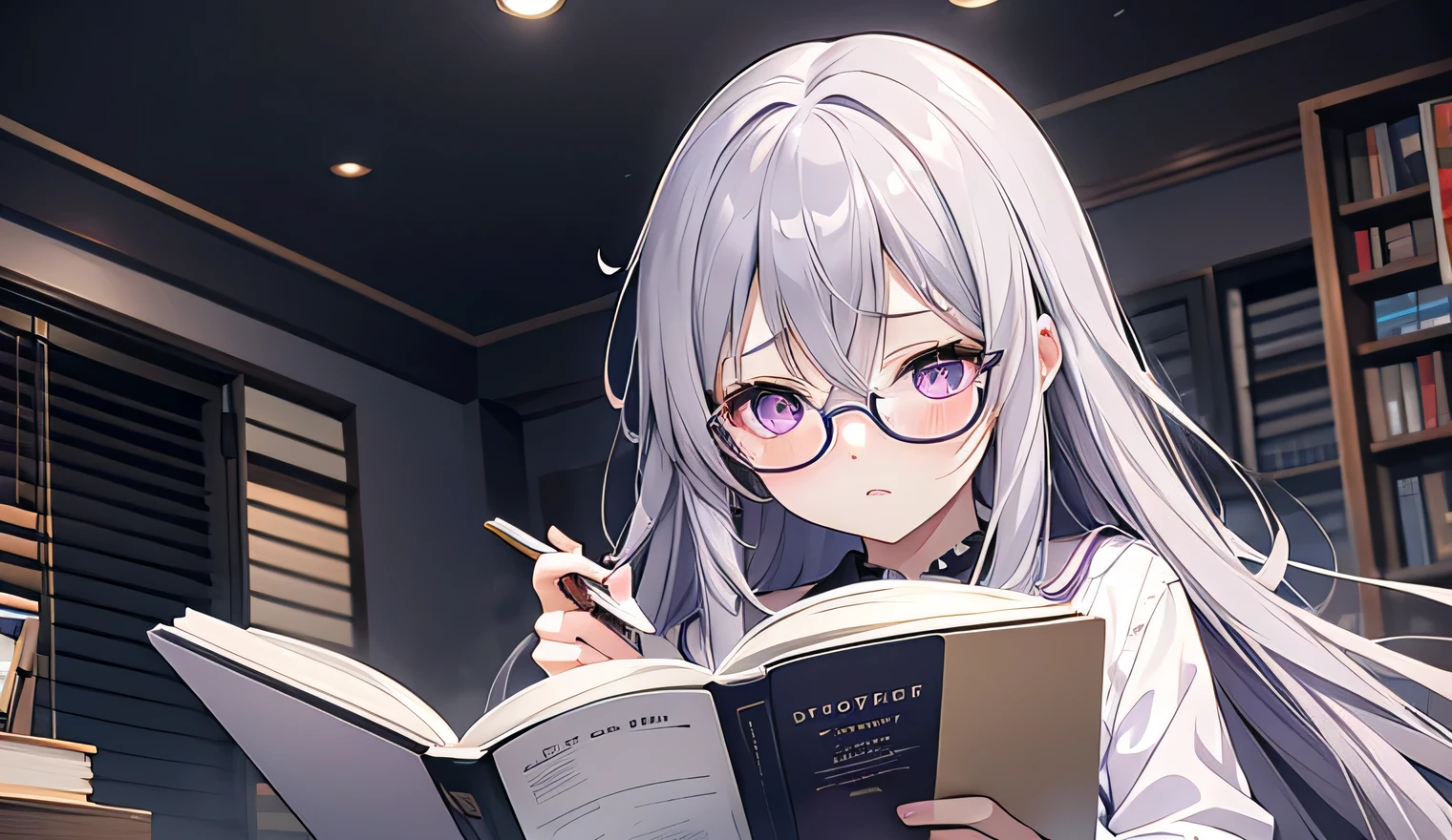 Adult Anime Girl 2d Long Hair Loose light Purple-Grayish, Age Adulthood adult, White Scleriotica, with glasses, reading a book, serious 