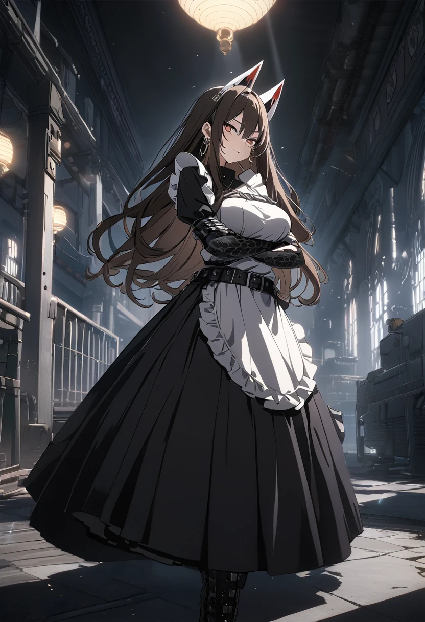 sovetsky_Soyuz, unique eye color, dark brown hair, earrings, webbed belt, tactical, pouches, chain, black maid outfit, frills, apron, weapon Holster, webbed belt, long skirt, metal gloves, black thighhighs, large breasts, long hair, Fox mask, fullface mask, white mask, ominous vibe, arms crossed, aesthetic light glow, shadowy, Ultra quality, UHD, high detail, anime aesthetic, Anime screenshot, Ultra quality, UHD, high detail