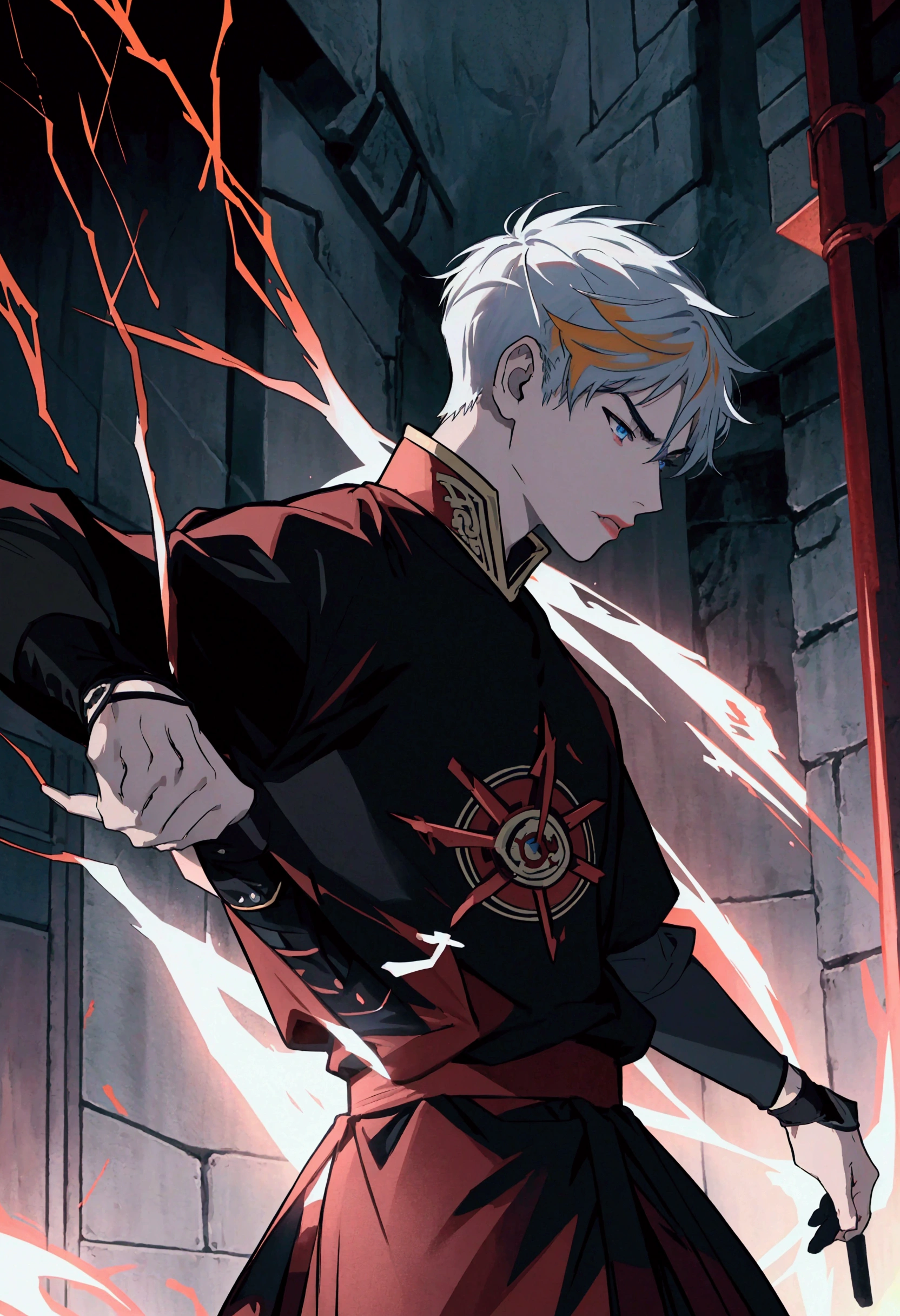 ung man, alone, looking at his enemy, soft lighting, crimson electrical currents on body, 15 year old man, blue eyes, tattoo below the eyes, golden hair, boyish, black clothes, scene of rage and sadness, best angle, thoughtful, {beautiful detailed eyes}, {detailed light}, {illustration}, {better lighting}, conceptual art, best fight scene, monk t-shirt, black and white, rays of color crimson, lightning all over the body, melhor qualidade nos dedos, best masculine traits