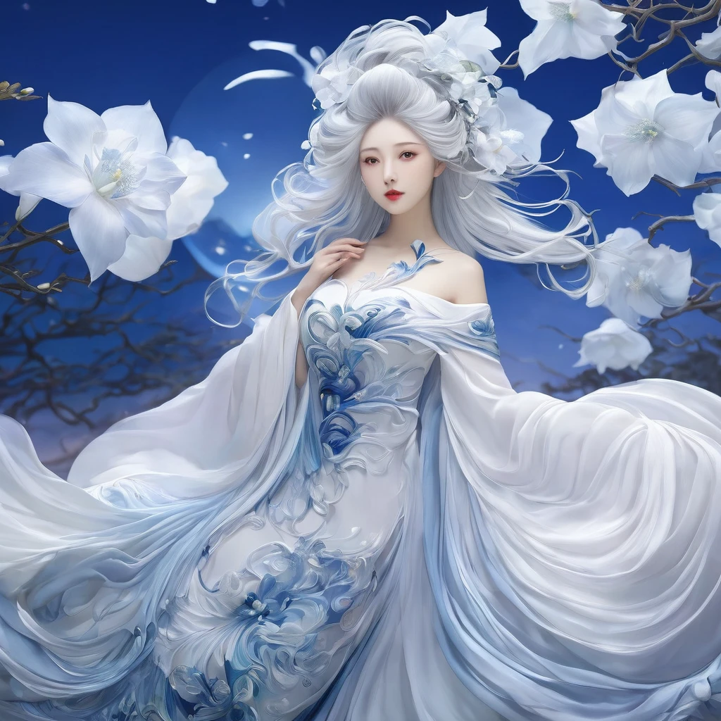 best quality,masterpiece,Ultra-high resolution,(photoactual:1.4),moonflower bush(background),20 years old ,Moonlight Flower Goddess(Japanese Girls),long white hair,crescent shaped eyes,Sexy body,,Wearing a moonflower dress,