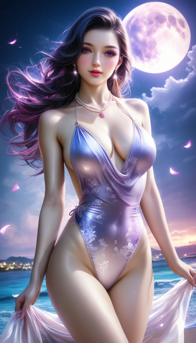 score_9, score_8_superior, score_7_superior, A masterpiece in 32K resolution,Highest quality,it is really amazing,Very detailed,Ultra-high resolution,(Ultra-realistic:1.5),(Realistic:1.5),Increased depth of field,Cinematic lighting,
Elegant Japanese MILF,
Long black hair,Ultra-detailed and beautiful face,(Gentle expression:1.1),Translucent white skin,(Realistic skin texture:1.3),
(Sexy Swimwear:1.1),
Bold design,Artistic design,Beautiful and detailed pattern,Detailed fabric texture,
Gorgeous necklace,Earrings,
Coastline at night,(Giant Moon:1.1),(Dark clouds floating in the dark night sky:1.1),
(Dramatic Angle:1.2),
