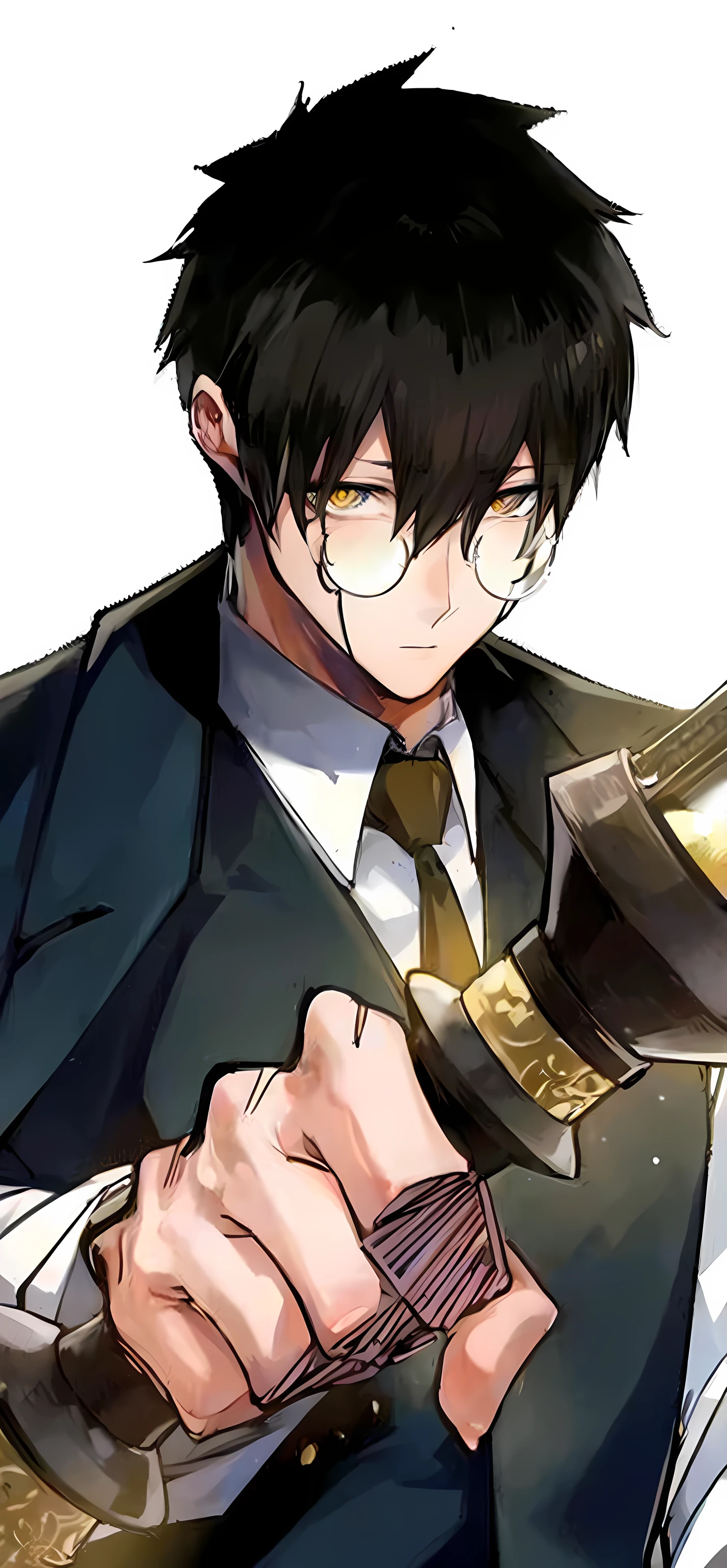 Anime man in a suit holds a wand and glasses., His pupils were yellow and had a spiral pattern on top., portrait Kapmoe Yandere grimdark, Inspired by Okumura Masanobu, Kentaro Miura manga art style, Hijikata Toshiro, call anime style, Kentaro Miura style manga, Kapmoe Yandere, Shigenori Zoejima illustration, anime moe art style