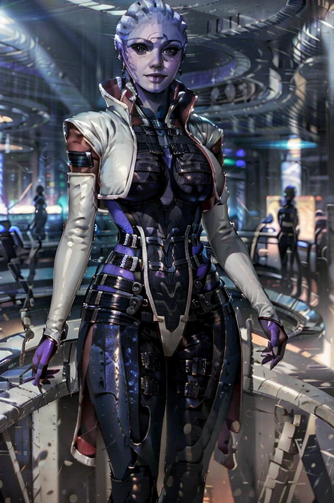 (masterpiece, best quality:1.3) MEAria, Christina Chong beautiful face, narrowed eyes. smirk. black braided hair,, solo, alien, breasts, looking at viewer, smile, medium breasts, standing, full body, high heels, alien, lips, hand on hip, bodysuit, colored skin, cropped jacket, nose, bald, purple skin, purple lips, spotlight
