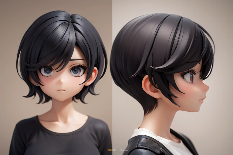 Cool woman,Sharp,face,faceアップ,faceのみ,breast enhancement,boyish,Short Hair,Short Hair,Very Short Hair,Characters only,three views、1Peoples, Character Reference Sheet,Character Sheet,,Front View,Side View,