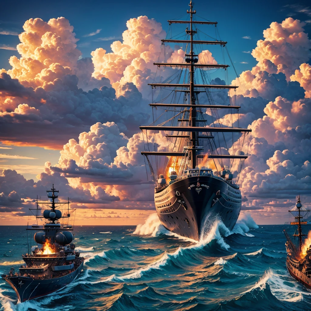 Masterpiece, best quality, ultra detailed, pirate war,sea, battleship,