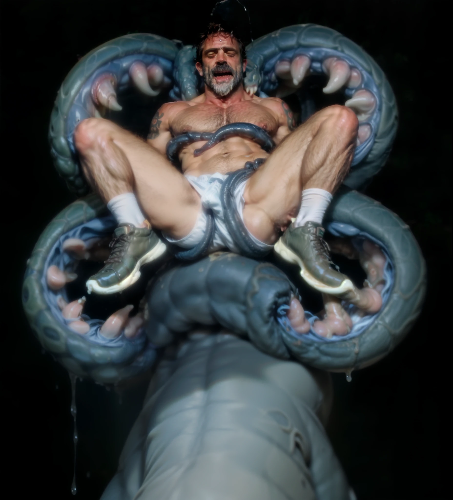 white male 40yo hairy handsome hiker being swallowed by colorful carnivorous plant with teeth and is being digested alive with pleasure he is yelling in pleasure while becoming sexual food to his predator, interspecies, vore, wet, digestion, inside creature, beard, being swallowed, from above, coil, soccer player, underwear, yellow clothes, dilf, excessive cum, mucus, being swallowed, tattoos, bro, he is being engulfed by a mouth, white socks, claws, dirty sweaty socks, sweaty, wet, cum all over body, hairy body, logo socks, tentacles wrapping body, hardcore vore, digestive acids, maw, muscular athletic body, looking at viewer, large bumpy tentacles, tendrils, red slimy tentacles, brown hair, brown eyes, THICK tentacles