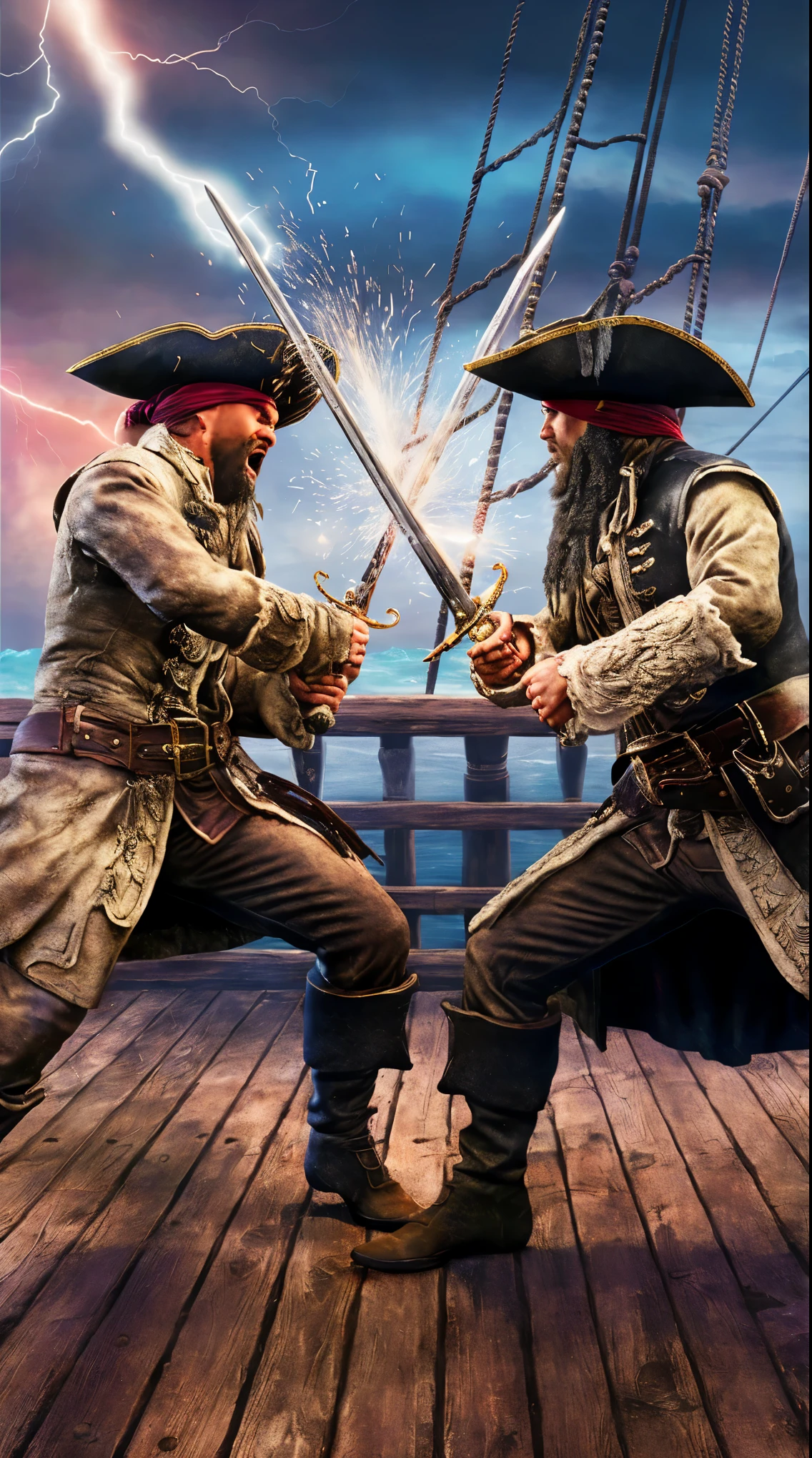 A captivating and dynamic poster featuring a dramatic seascape with two grand pirate ships locked in fierce combat. The ships wave their vibrant and distinctive flags, fluttering in the gusty wind. In the distance, cannonballs erupt, causing massive waves and hurling debris through the air. Agile pirates can be seen swinging across ropes, some brandishing sabers and others firing muskets at their adversaries. The sky looms ominous with dark clouds, threatening rain and chaos on the tempestuous high seas., poster
