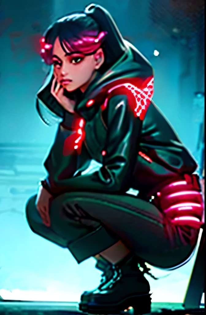 (grainy:0.5), cinematic,girl, space, serious, detailed eyes, detailed face, detailed futuristic clothes, lights in clothes, (aiming gun:1.1), (hiding:1.1), (squatting, looking to side:1.1), volumetric lighting, isolation, horror, dark lighting, red bioluminescent details, green bioluminescent details, blue bioluminescent details
