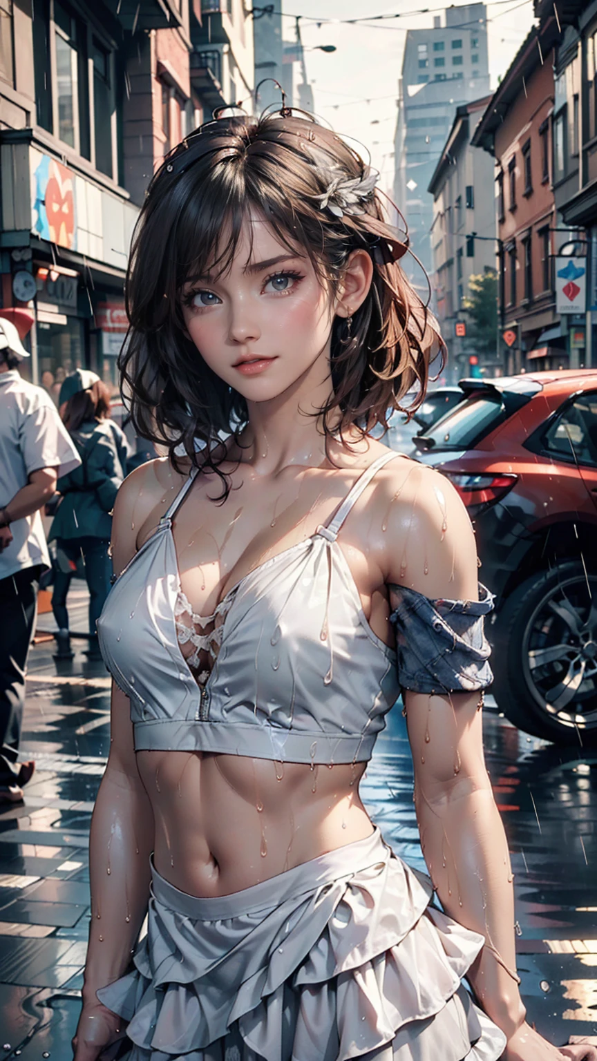 ((Highest quality, 8k, masterpiece:1.3)), concentrated:1.2, Perfect Body Beauty:1.4, Hips:1.2, ((Layered Haircut, chest:1.2)), (Wet clothes:1.1) , (rain, street:1.3), Bandeau dress: 1.1, Highly detailed face and skin texture, Beautiful Eyes, double eyelid, White skin, Long Hair, (shut up: 1.3)