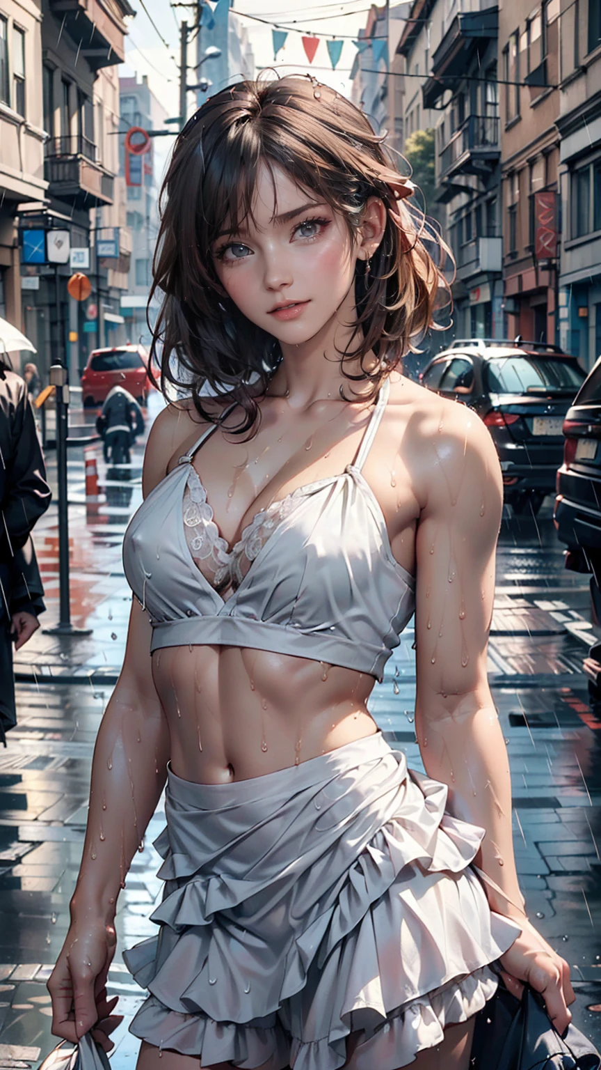 ((Highest quality, 8k, masterpiece:1.3)), concentrated:1.2, Perfect Body Beauty:1.4, Hips:1.2, ((Layered Haircut, chest:1.2)), (Wet clothes:1.1) , (rain, street:1.3), Bandeau dress: 1.1, Highly detailed face and skin texture, Beautiful Eyes, double eyelid, White skin, Long Hair, (shut up: 1.3)