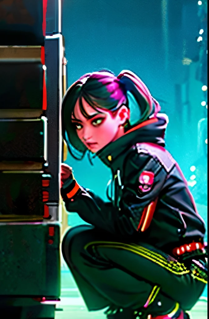 (grainy:0.5), cinematic,girl, space, serious, detailed eyes, detailed face, detailed futuristic clothes, lights in clothes, (aiming gun:1.1), (hiding:1.1), (squatting, looking to side:1.1), volumetric lighting, isolation, horror, dark lighting, red bioluminescent details, green bioluminescent details, blue bioluminescent details