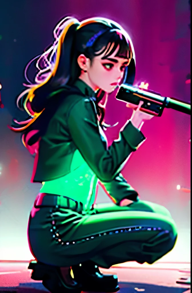 (grainy:0.5), cinematic,girl, space, serious, detailed eyes, detailed face, detailed futuristic clothes, lights in clothes, (aiming gun:1.1), (hiding:1.1), (squatting, looking to side:1.1), volumetric lighting, isolation, horror, dark lighting, red bioluminescent details, green bioluminescent details, blue bioluminescent details