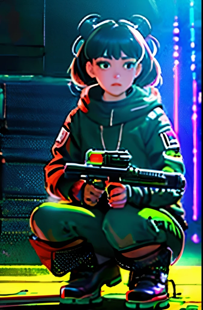(grainy:0.5), cinematic,girl, space, serious, detailed eyes, detailed face, detailed futuristic clothes, lights in clothes, (aiming gun:1.1), (hiding:1.1), (squatting, looking to side:1.1), volumetric lighting, isolation, horror, dark lighting, red bioluminescent details, green bioluminescent details, blue bioluminescent details