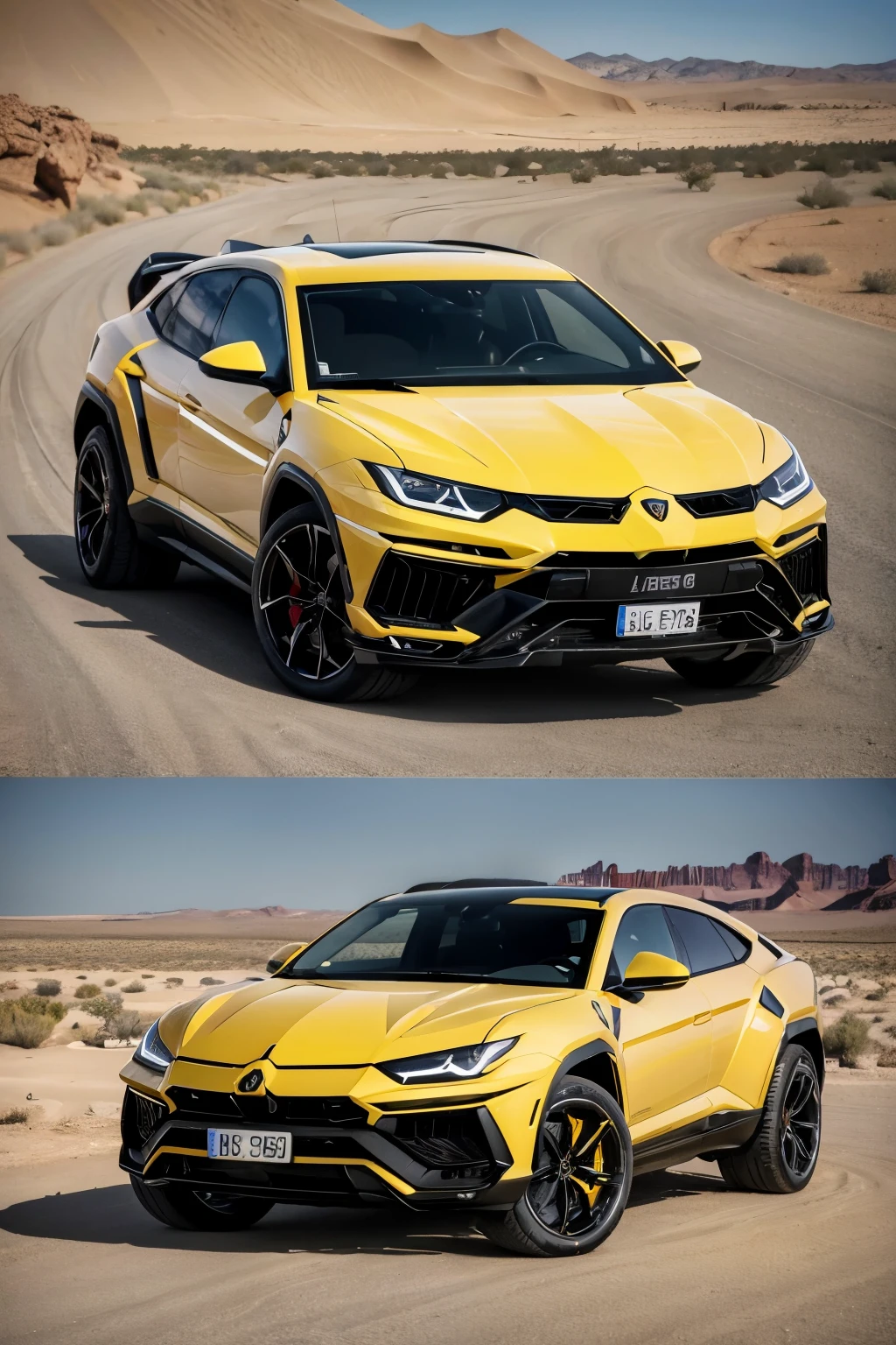 Urus model from the manufacturer Lamborghini, manufactured in 2024, na cor (BLACK and YELLOW), walking in the desert