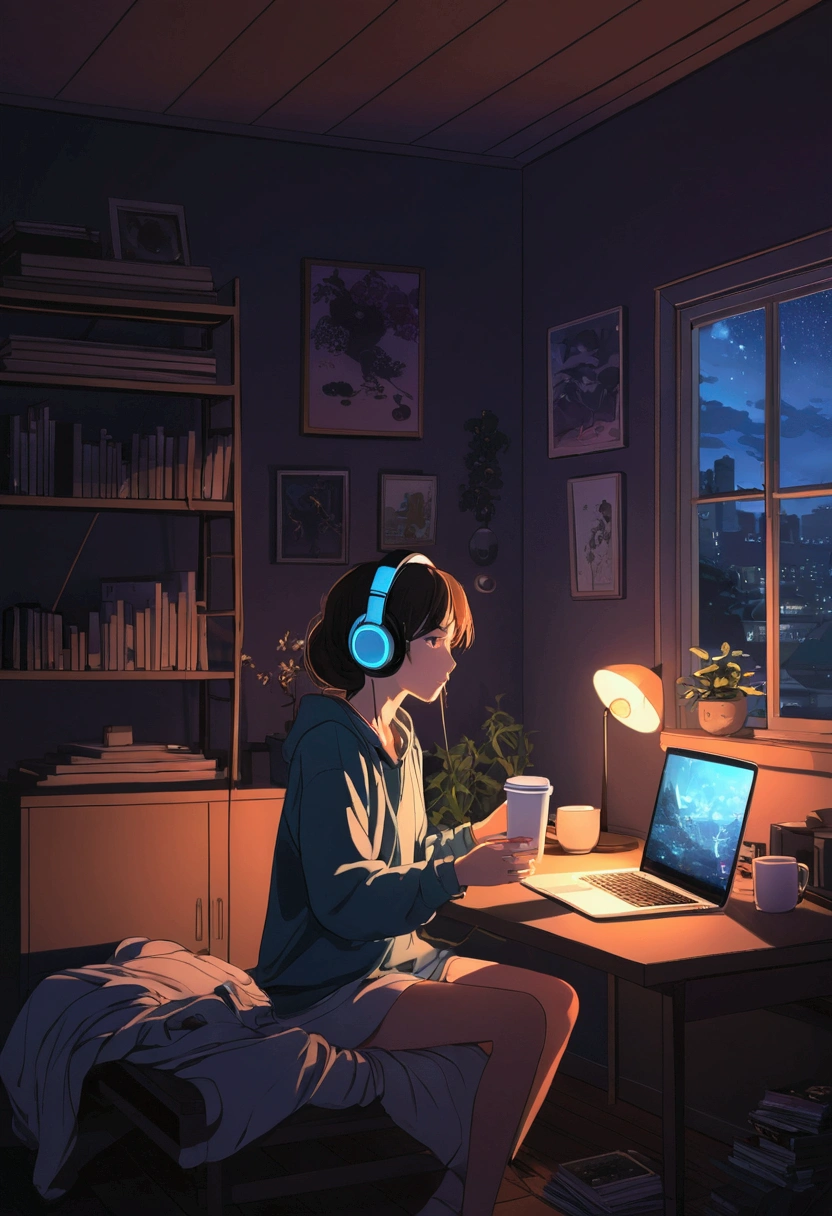 Girl listening to music in a cozy room at night, Using headphones, 2D style anime, Lo-fi, hard disk, Dark environment、Drinking coffee