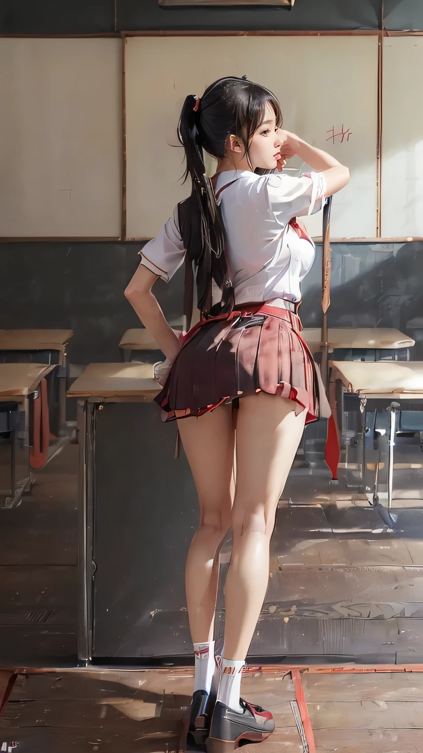 ((masterpiece)),(((最high quality))),(((Girl standing in a school classroom:1.7))),(((Photographed from the back of the classroom, facing the blackboard:1.6))),((((Background of rows of desks:1.7)))),(((((The background is a modern, clean and tidy classroom.:1.9)))))((((Photograph the whole body:1.9)))),((((((Stand up straight with your feet together:1.9)))))),((Thin thighs:1.6)),((Long legs:1.7)),(((Micro mini skirt uniform for high school girls:1.6))),((tall:1.8)),((Wearing Japanese summer school girl uniform:1.8)),((Slim Model body type:1.5)),((Thin legs:1.6)),((Wearing a white short-sleeved school shirt:1.3)),(Age is 16 years old:1.3),bangs,A small smile,((cute girl)),Slender girl,((Black Loafers:1.3)),((short white socks up to the ankles,:1.3)),(((Wearing a red student tie:1.6))),cute,The thigh area below the groin is slim and firm,cute,(Black hair ponytail),Thin legs,Slim Model body type,Very small waist,Small hips,Long thighs,Thin thighs,Thin hands,Long hands,((((下からPhotograph the whole body:1.7)))),(((((k-popのWONYOUNGにそっくりの女の子:1.9))))),((Stretch your whole body straight:1.8)),((((Look only ahead:1.7)))),((tall:1.4)),(Stand with your legs straight and without bending your knees:1.7),((Stand up straight:1.9)),The ankles are super thin,beauty,Fine skin,Firm Skin,Realistically reproduced skin detail of thin legs,Very detailed, Attention to detail,high quality,Awards,High resolution,(Anatomically correct:1.3),(8k,RAW Photos,最high quality,masterpiece:1.5),(((Girl from belowPhotograph the whole body:1.7))),Height 173cm,((Stand up straight with your feet together:1.8)),((Stand up straight with your feet together:1.7)),(((Keep your back straight:1.8))),((I'looking forward to it:1.2)),9 heads,Model body type,((Inseam is half the height:1.5)),(Thin thighs),((k-popのWONYOUNGにそっくりの女の子:1.5)),RAW Photos,Firm Skin,Fine skin,toned muscular legs,Attention to detail,vivid,Skin Texture,Genuine skin feel,Perfect composition,beautiful,Very detailed,High chroma,Genuine,eyeliner,eye shadow,High nose,Small nostrils,Small Mouth,Seductive lips,beautiful girl,beautiful girl