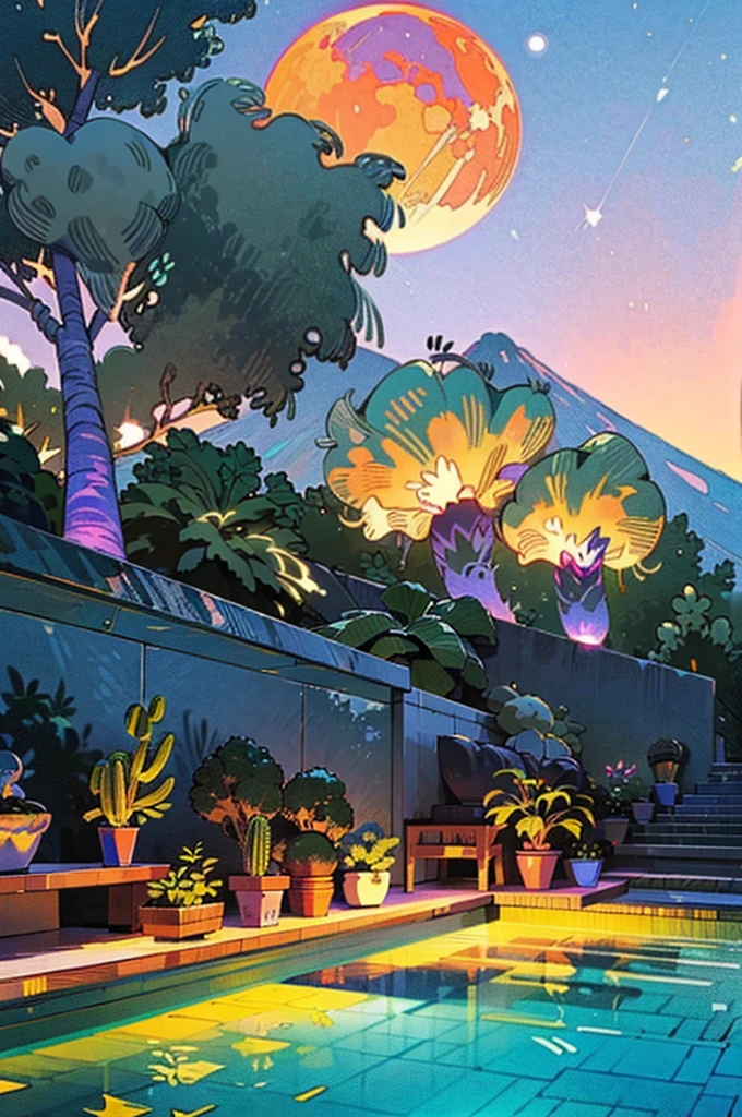 small and beautiful modern house in top of big boulders, terraces, pool, stairs, multiple cacti gardens, palms, trees, rocks, beautiful landscape design, mountains and volcano y background, amazing clouds, sun, moon, planets, milky way galaxy, concrete, wood, glass and steel materials, olive green, violet, orange and withe colors in facade