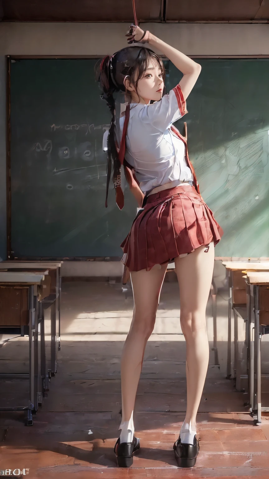 ((masterpiece)),(((最high quality))),(((Girl standing in a school classroom:1.7))),(((Photographed from the back of the classroom, facing the blackboard:1.6))),((((Background of rows of desks:1.7)))),(((((The background is a modern, clean and tidy classroom.:1.9)))))((((Photograph the whole body:1.9)))),((((((脚を揃えてStand up straight:1.9)))))),((Thin thighs:1.6)),((Long legs:1.7)),(((Micro mini skirt uniform for high school girls:1.6))),((tall:1.8)),((Wearing Japanese summer school girl uniform:1.8)),((スリムなModel body type:1.5)),((Thin legs:1.6)),((Wearing a white short-sleeved school shirt:1.3)),(Age is 16 years old:1.3),bangs,A small smile,((cute女の子)),Slender girl,((Black Loafers:1.3)),((short white socks up to the ankles,:1.3)),(((Wearing a red student tie:1.6))),cute,The thigh area below the groin is slim and firm,cute,(Black hair ponytail),Thin legs,スリムなModel body type,Very small waist,Small hips,Long thighs,Thin thighs,Thin hands,Long hands,((((下からPhotograph the whole body:1.7)))),(((((k-popのWONYOUNGにそっくりの女の子:1.9))))),((Stretch your whole body straight:1.8)),((((Look only ahead:1.7)))),((tall:1.4)),(Stand with your legs straight and without bending your knees:1.7),((Stand up straight:1.9)),The ankles are super thin,beauty,Fine skin,Firm Skin,引き締まったThin legsの肌を細部までリアルに再現,Very detailed, Attention to detail,high quality,Awards,High resolution,(Anatomically correct:1.3),(8k,RAW Photos,最high quality,masterpiece:1.5),(((女の子を下からPhotograph the whole body:1.7))),Height 173cm,((脚を揃えてStand up straight:1.8)),((脚を揃えてStand up straight:1.7)),(((Keep your back straight:1.8))),((I'looking forward to it:1.2)),9 heads,Model body type,((Inseam is half the height:1.5)),(Thin thighs),((k-popのWONYOUNGにそっくりの女の子:1.5)),RAW Photos,Firm Skin,Fine skin,toned muscular legs,Attention to detail,Vivid,Skin Texture,Genuineな皮膚感,Perfect composition,beautiful,Very detailed,High chroma,Genuine,eyeliner,eye shadow,High nose,Small nostrils,Small Mouth,Seductive lips,beautiful girl,beautiful girl