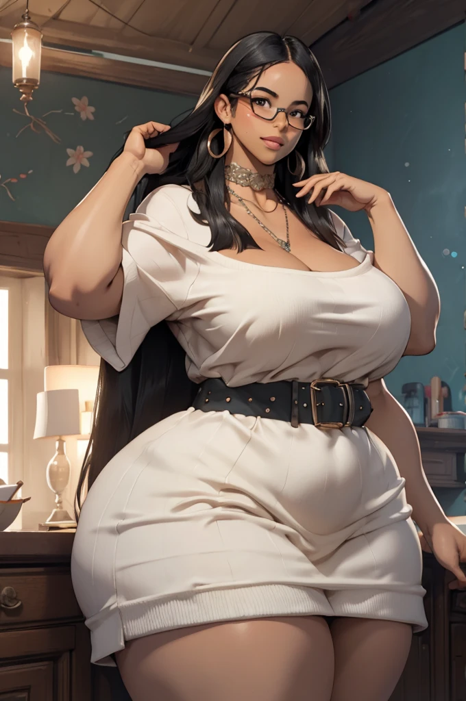 ((best quality)), ((masterpiece)), (detailed), perfect face, thicc woman, beautiful face , thicc girl , widest hips , thicc , thicc body , thicc thighs , slim arms, huge large breasts, her body is thicc, full body view, dark-black room, black bokeh background, thight dress, wearing sandles, short hairstyle, wearing a watch, tall woman, restore face, dark skin , longest thight pants , glasses , cold vibes, , 4k resolution, Ethiopian goddess