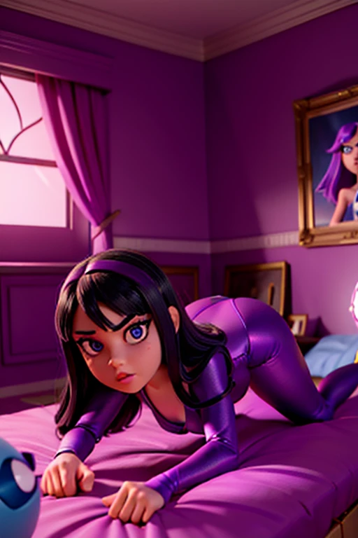 2 teenage girls in dark purple leotards, beautiful detailed eyes, long eyelashes, gorgeous lips, lying on a bed in a bedroom, Teen Titans Go art style, cinematic lighting, hyper detailed, 8k, photorealistic, intricate details, moody atmosphere, dramatic shadows, dynamic sex positions, ah ah ah, on all fours