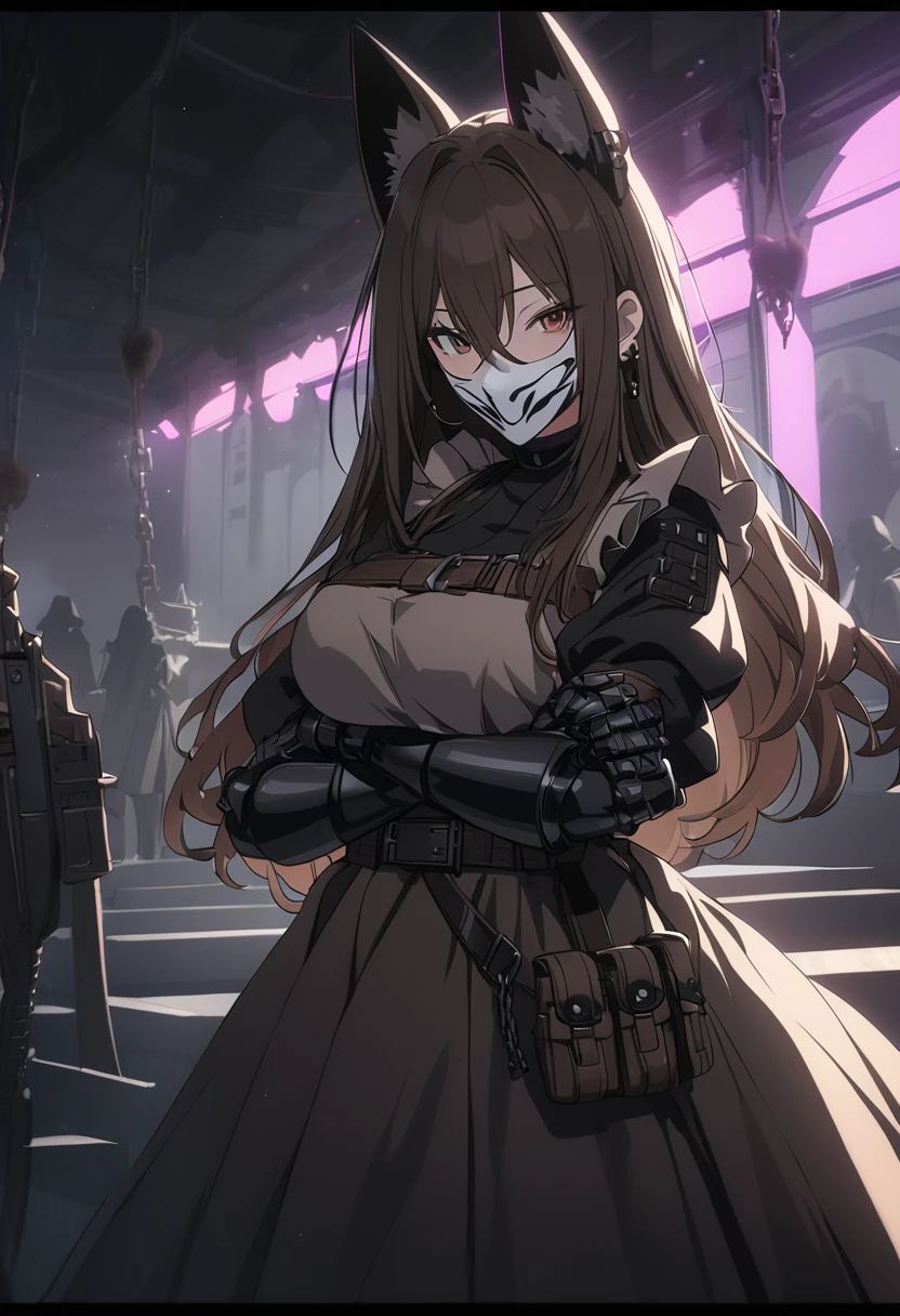 sovetsky_Soyuz, unique eye color, dark brown hair, earrings, webbed belt, tactical, pouches, chain, maid outfit, frills, apron, weapon Holster, webbed belt, long skirt, metal gloves, black thighhighs, large breasts, long hair, Fox mask, fullface mask, white mask, hidden face, ominous vibe, arms crossed, aesthetic light glow, shadowy, Ultra quality, UHD, high detail, anime aesthetic, Anime screenshot, Ultra quality, UHD, high detail