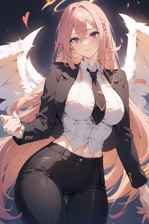 beautiful young woman, lithe physique, long messy peach colored hair, magenta eyes, halo, crown, white shirt, black tie, black jacket, black pants, suit and tie, small , nipples through, nipples, largehighs, highly diled, 8k, photorealistic, dramatic lighting, cinematic, elegant, fashion portrait, angel, angelic, wings,