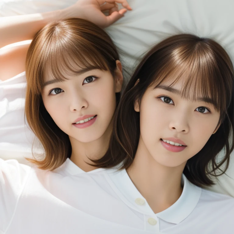 (Masterpiece, Best quality: 1.4), (Ultra realistic, Photo-realistic: 1.2), (From above: 1.2), Full body, Lying on bed, Looking at viewer, Natural light, 30 years old actress, Japanese 2women, 2girl, hug, Neat and clean, ((Wearing white tennis uniform, White polo shirt with collar, Not buttoning the polo shirt, White pleated tennis skirt: 1.2)), (Short wavy hair), ponytail, Light brown hair color, (Beautiful Face), Oval face, clear, (Beautiful eyes, Kind eyes), (Clear skin), Small face, (Small mouth, Beautiful mouth), Natural makeup, Approachable, Hotel Suite rooms, On bed, Seductive smile, Seductive pose, Wearing white tennis shoes, White ankle socks, Beautiful thighs, Bedroom eyes, spread legs,