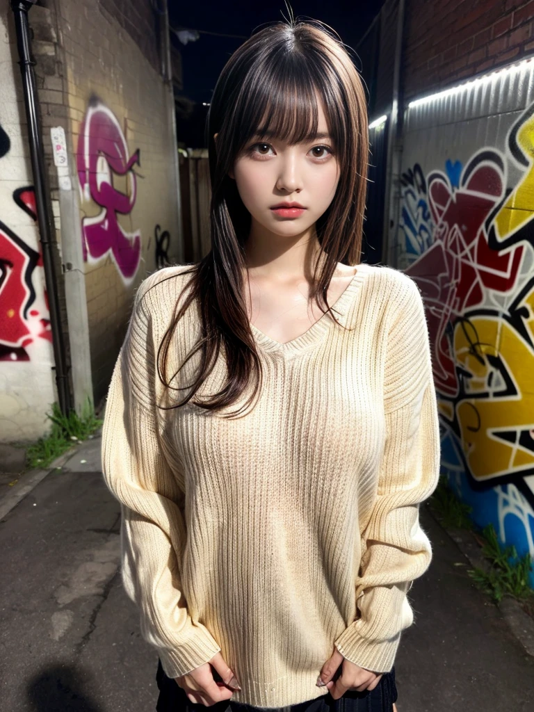 muster piece, best quality, illustration, Super detailed, fine details, High resolution, 8K,wall paper, perfect dynamic composition,(Details High quality, realistic depiction of eyes:1.3),  (Japanese teenage girl standing in a dirty back alley at night, graffitied wall:1.1), ((white hand-knitted long sweater, v-neck sweater, oversized clothes)), black hair color, Big Natural Color Lip,  seductive face, provocative look, crying a little、cold gaze, Harajuku style、(graffiti), night time, 20 year old girl、cute type、lolita, Gravure Idol, full body photo、focus on crotch, (huge breasts)