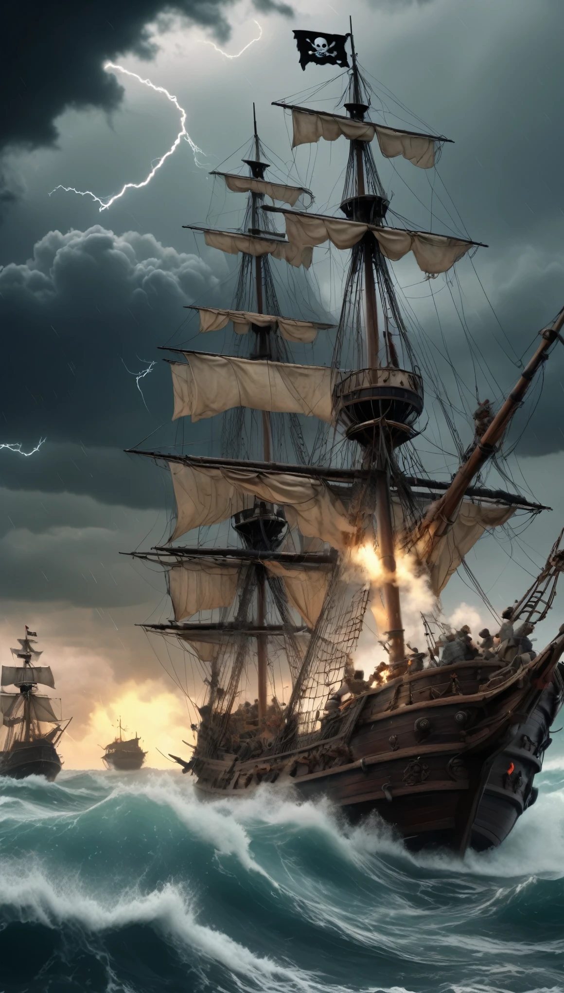 scene of pirate ((war)), rough ocean background ,pirate ships, firing cannons, thunder storm, inspired by W. Heath Robinson, best quality, masterpiece, Ultra high detail, 8k,(wide angle:1.5)