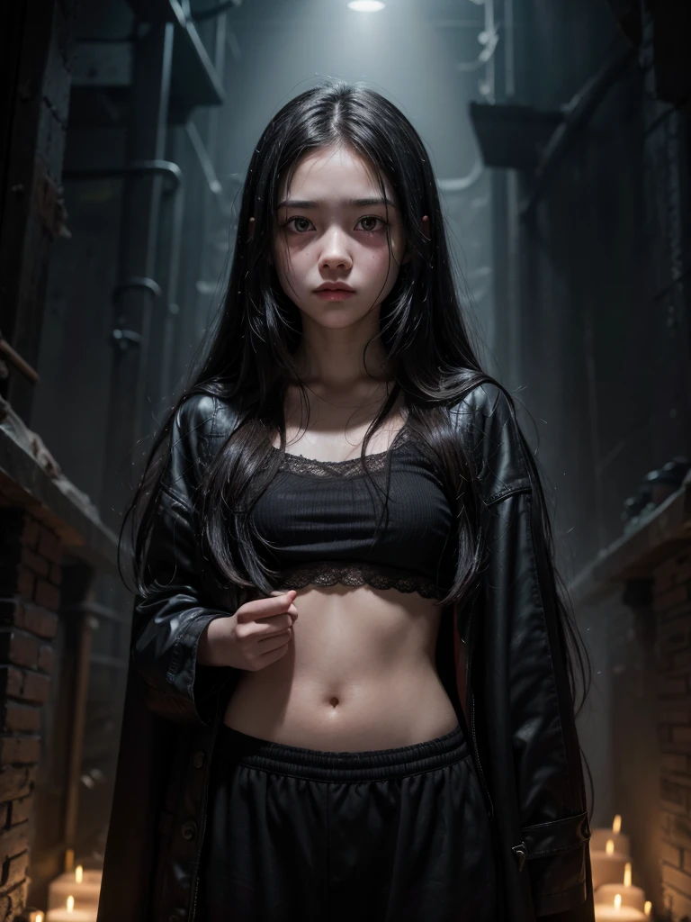a beautiful young girl, , small breaats, with long black hair and dark eyes, standing between heaven and hell, heaven light, hell fire cinematic lighting, dramatic atmosphere, hyper detailed, 8k, photorealistic, masterpiece, chaos, studen underwear, crazy, horror, rope, kidnaping, wearing an Anonymous face mask, movie face mark, wearing a horror mask
