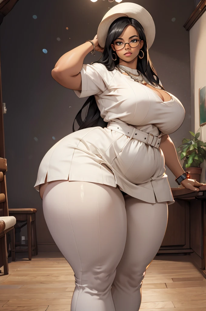 ((best quality)), ((masterpiece)), (detailed), perfect face, thicc woman,  beautiful face , thicc girl , widest hips , thicc , thicc body , thicc thighs , slim arms, huge large breasts, her body is thicc, full body view, dark-black room, black bokeh background, thight dress, wearing sandles, short hairstyle, wearing a watch, tall woman, restore face, dark skin , longest thight pants , glasses , cold vibes, , 4k resolution, Ethiopian goddess
