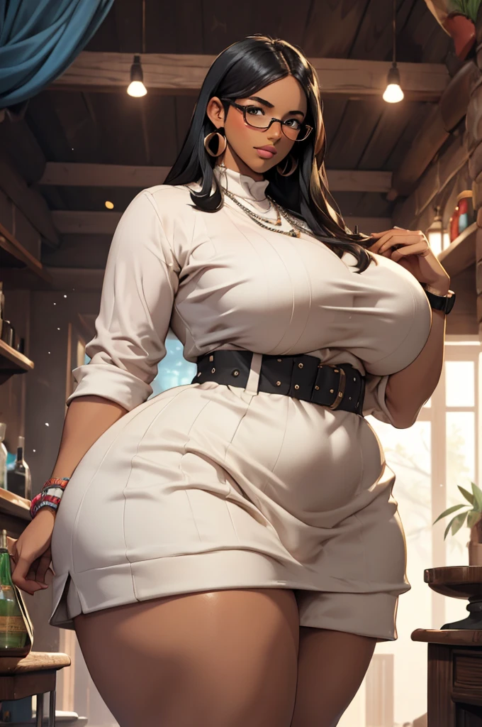 ((best quality)), ((masterpiece)), (detailed), perfect face, thicc woman,  beautiful face , thicc girl , widest hips , thicc , thicc body , thicc thighs , slim arms, huge large breasts, her body is thicc, full body view, dark-black room, black bokeh background, thight dress, wearing sandles, short hairstyle, wearing a watch, tall woman, restore face, dark skin , longest thight pants , glasses , cold vibes, , 4k resolution, Ethiopian goddess
