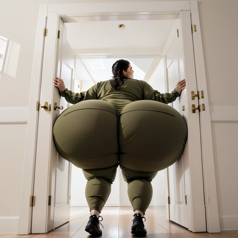 masterpiece, 1 Mexican girl behind a doorway, from behind, (doorstuck, stuckback:1.3), ssbbw ,huge wide hips, round belly, thick thighs, giant butt,colorful clothing, wearing a olive green  tracksuit with leggings, upset, desperately trying to wiggle through, she tries to free herself but she won't budge, she is stuck tight view from above, she is too wide, the doorway is quite narrow too, she kicks her legs furiously, trying to wiggle her hips through the small door, but its no good, the door is too small, she keeps trying to squeeze through with frustration, she is stuck too tight