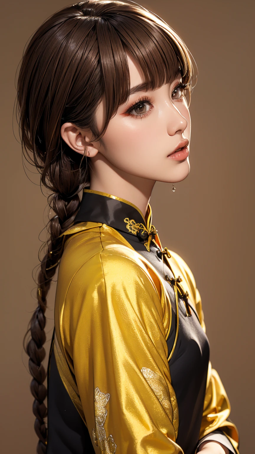 Realistic, masterpiece, Highest quality, Highest Resolution, Anatomically correct, Accurate Anatomy, 7 heads, Height: 165cm, One Japanese woman, A sharp expression with some teeth showing, Profile staring into the distance, Fine and beautiful eyes, Sparkling eyes, Thin eyebrows, Gives lashes a delicate finish, False eyelashes, (Chinese traditional makeup:1.2), (Braided hair, Blunt bangs, Brown Hair:1.2), Detailed face, Sharp Eyes, (Classic black and gold cheongsam, Fitted clothing:1.3), Bust up photo, Blank background in warm colors