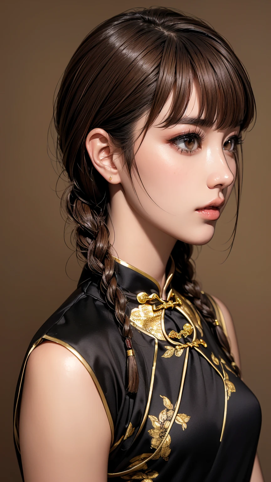 Realistic, masterpiece, Highest quality, Highest Resolution, Anatomically correct, Accurate Anatomy, 7 heads, Height: 165cm, One Japanese woman, A sharp expression with some teeth showing, Profile staring into the distance, Fine and beautiful eyes, Sparkling eyes, Thin eyebrows, Gives lashes a delicate finish, False eyelashes, (Chinese traditional makeup:1.2), (Braided hair, Blunt bangs, Brown Hair:1.2), Detailed face, Sharp Eyes, (Classic black and gold cheongsam, Fitted clothing:1.3), Bust up photo, Blank background in warm colors