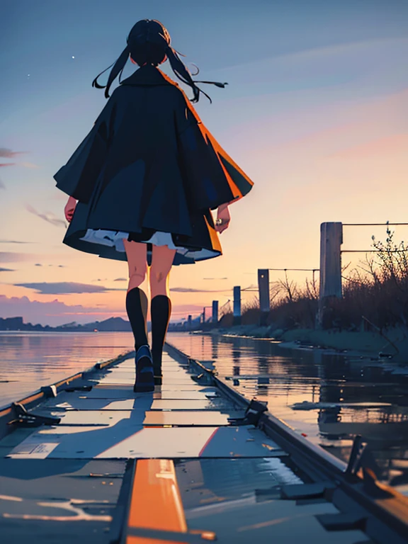 Black cat back view, scenery, Vanishing Point, From below, masterpiece, Highest quality, 8k, Absurd, water surface, winter, dawn, Blue to orange gradient,Lonely atmosphere、moonlight, perspective, Depth of written boundary, High resolution, In detail, Very detailed, Sharp focus、Starry Sky