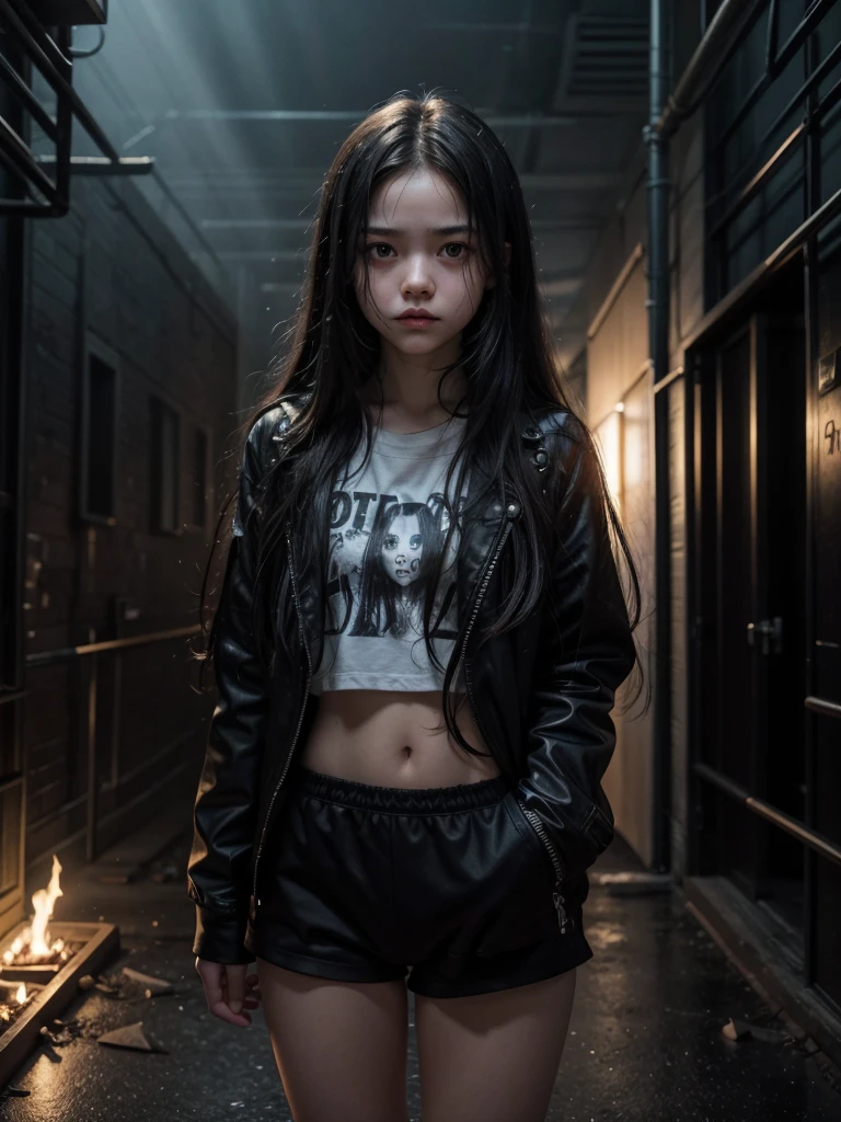 a beautiful young girl, , small breaats, with long black hair and dark eyes, standing between heaven and hell, heaven light, hell fire cinematic lighting, dramatic atmosphere, hyper detailed, 8k, photorealistic, masterpiece, chaos, studen underwear, crazy, horror, rope, kidnaping, wearing an Anonymous face mask, movie face mark, wearing a horror mask