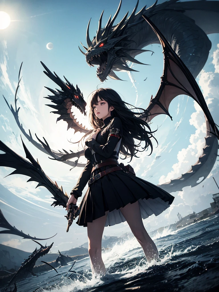 wabstyle, glowing, two-tone hair, (1girl:1.2), dragon, fog, mist, white, black, split theme, two-tone, sun, moon, white-wing, black-wing, angel, Nephilim, heaven, halo, skeleton, moster, ghost, horn, hell, fighting stance, dual wielding, long hair, cowboy shot, cinematic angle, fisheye, motion blur,