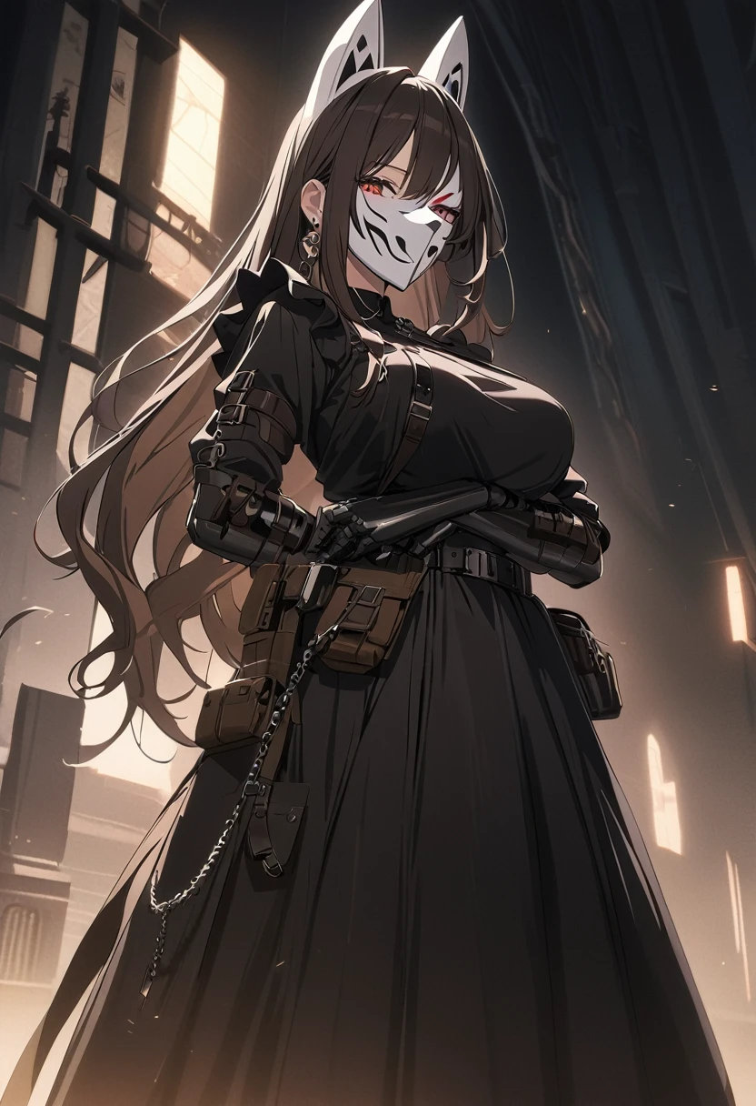 sovetsky_Soyuz, unique eye color, dark brown hair, earrings, webbed belt, tactical, pouches, chain, black maid outfit, frills, apron, weapon Holster, webbed belt, long skirt, metal gloves, black thighhighs, large breasts, long hair, Fox mask, full face mask, white mask, japanese mask, hidden face, ominous vibe, arms crossed, aesthetic light glow, shadowy, Ultra quality, UHD, high detail, anime aesthetic, Anime screenshot, Ultra quality, UHD, high detail