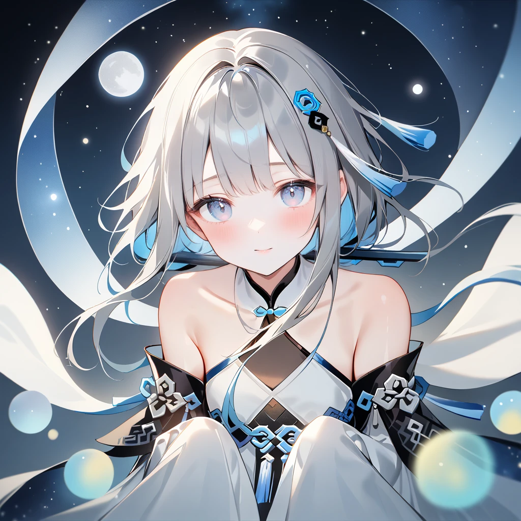 score_9, score_8_up, score_7_up, score_6_up,1girl, guizhong_\(genshin_impact\),(grey hair),short_hair_with_long_locks in front and low ponytail in back,gradient_hair,(pale grey eyes with seafoam gradient),starry_sky_print,detached_sleeves white outside blue starry inside, hands completely hidden by long sleeves,stunning field of softly glowing cerulean and white glaze lilies,night scene,gentle smile,face focus, eye focus,ladyshadow,moonlight,glossy lips,vivid anime coloring,cel shading,smooth, soft dreamy focus,anklet,halter_top,white clothes,highly detailed,digital painting,bare_shoulders,barefoot,cool night tones, magical night scene,bokeh, professional,anemo colored fireflies,nebula of stardust and silvery vapor,harmonious blend of nature and art,transcendent beauty,awe-inspiring artwork,(best quality,4k,8k,highres,masterpiece:1.2),yunamaro,carnelian,dsmile,cosmic stardust,guizhong, guizhong's def clothes, 1girl, long hair, blue eyes, barefoot, guizhong's dress, hair ornament, chinese clothes, sleeves past fingers,